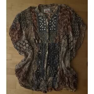 Johnny Was Biya Patchwork Silk Print Tunic Top Beaded S